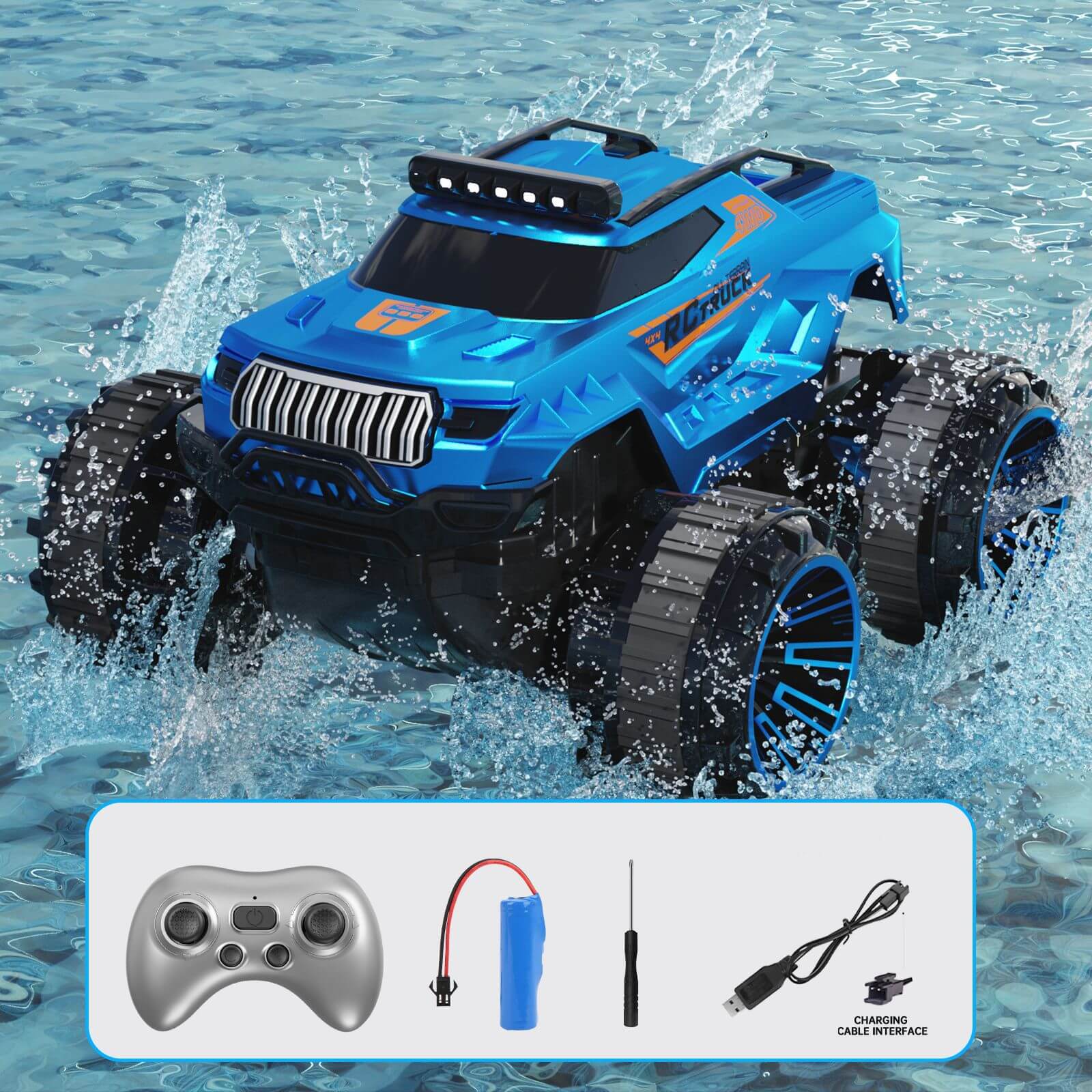 Amphibious RC Car 4WD Waterproof RC Climbing Off-Road Truck with 360° Rotatable and LED Headlights