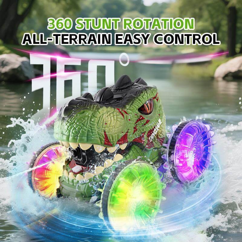 Amphibious RC Car 360° Stunt Dinosaur Car Waterproof 4WD Spray Water Car Colored Wheels