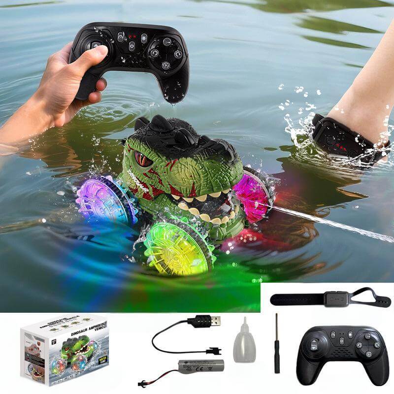 Amphibious RC Car 360° Stunt Dinosaur Car Waterproof 4WD Spray Water Car Colored Wheels