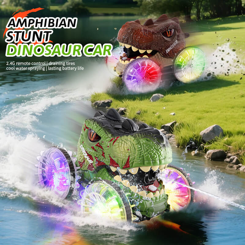 Amphibious RC Car 360° Stunt Dinosaur Car Waterproof 4WD Spray Water Car Colored Wheels