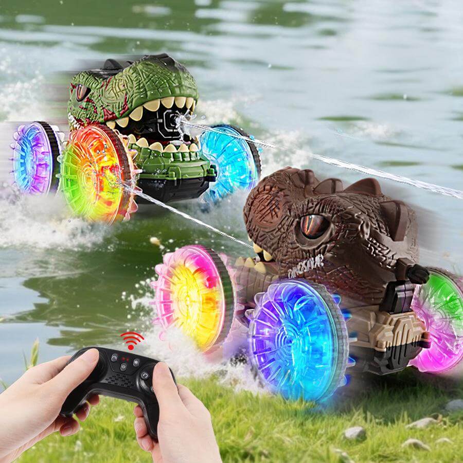 Amphibious RC Car 360° Stunt Dinosaur Car Waterproof 4WD Spray Water Car Colored Wheels