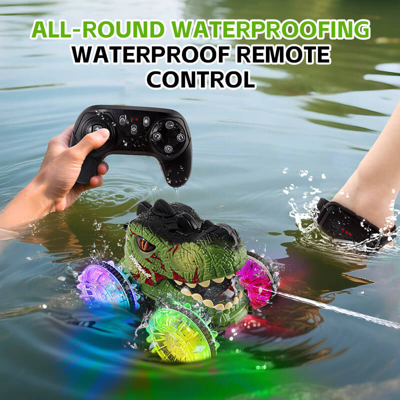 Amphibious RC Car 360° Stunt Dinosaur Car Waterproof 4WD Spray Water Car Colored Wheels