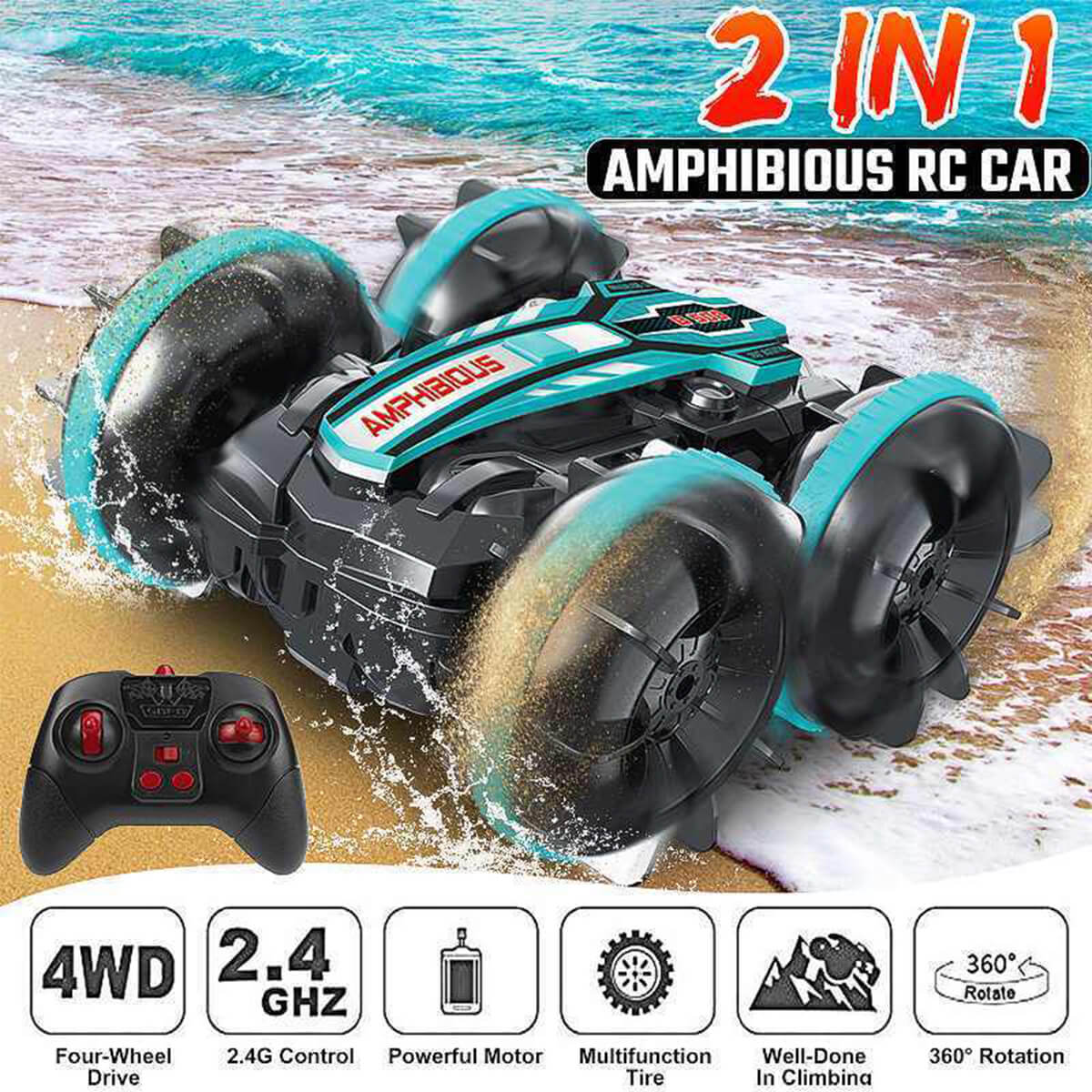 Amphibious Stunt RC Car 360° Rotate and 180° Flips Water Land Remote Control Car
