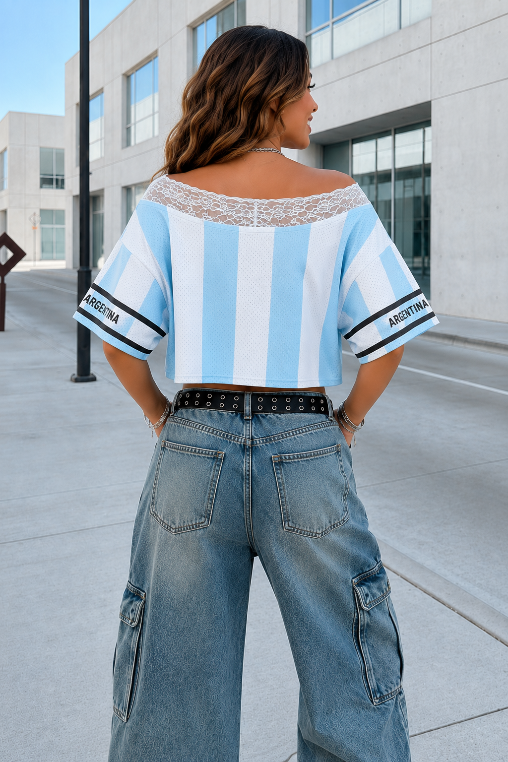 Women Green Mexico Soccer Jersey Argentina Mesh Crop Top Lace V Neck Tee for Ladies Stadium Match Day Celebration