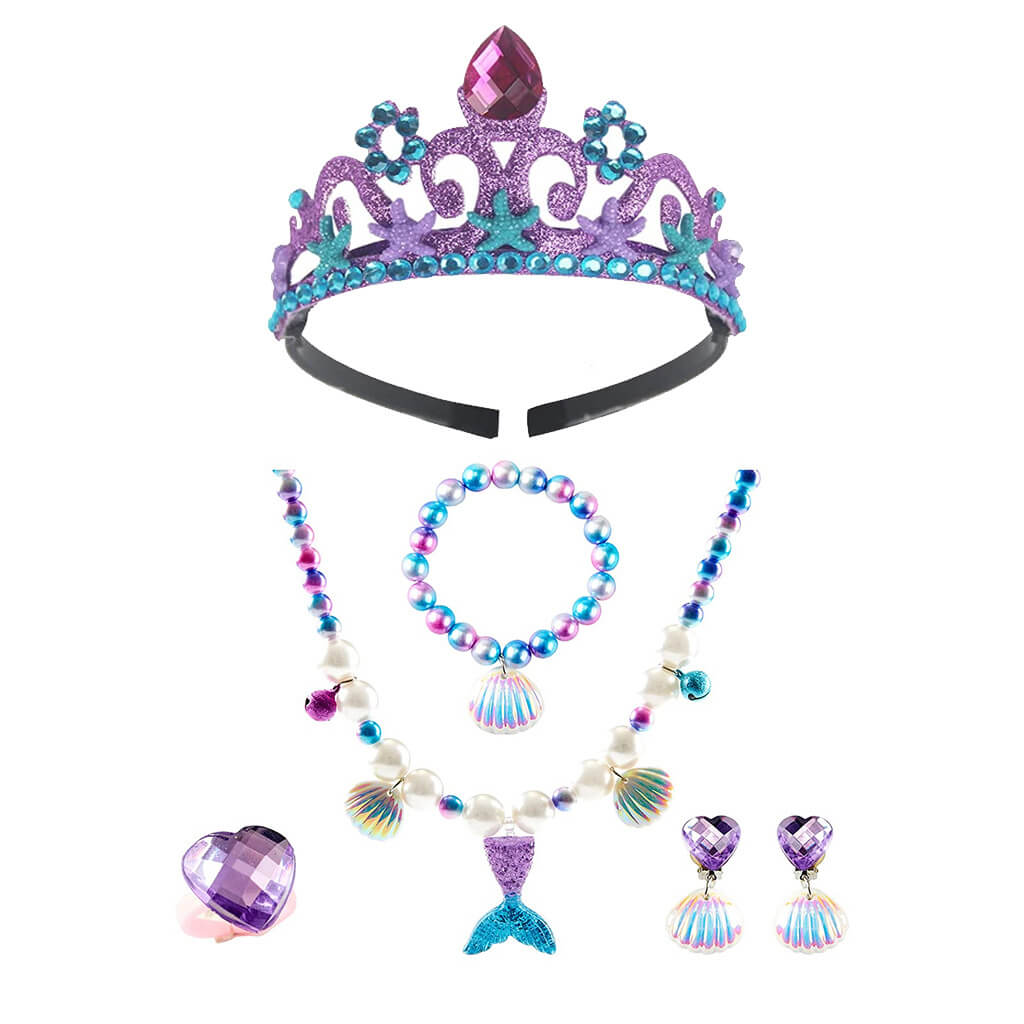 Kids Mermaid Hot Pink Dress Princess Ariel Beach Vacation Cosplay Dress with Tail Wig and Headband Accessories