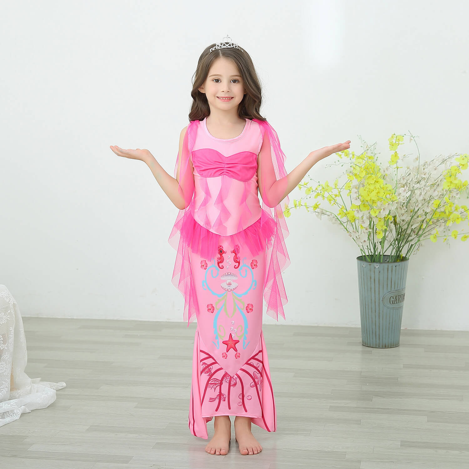 Kids Mermaid Hot Pink Dress Princess Ariel Beach Vacation Cosplay Dress with Tail Wig and Headband Accessories