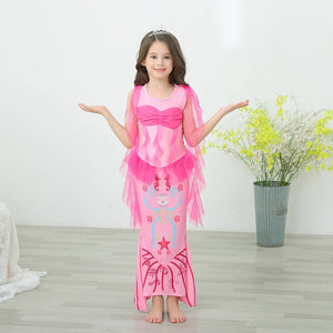 Kids Mermaid Hot Pink Dress Princess Ariel Beach Vacation Cosplay Dress with Tail Wig and Headband Accessories