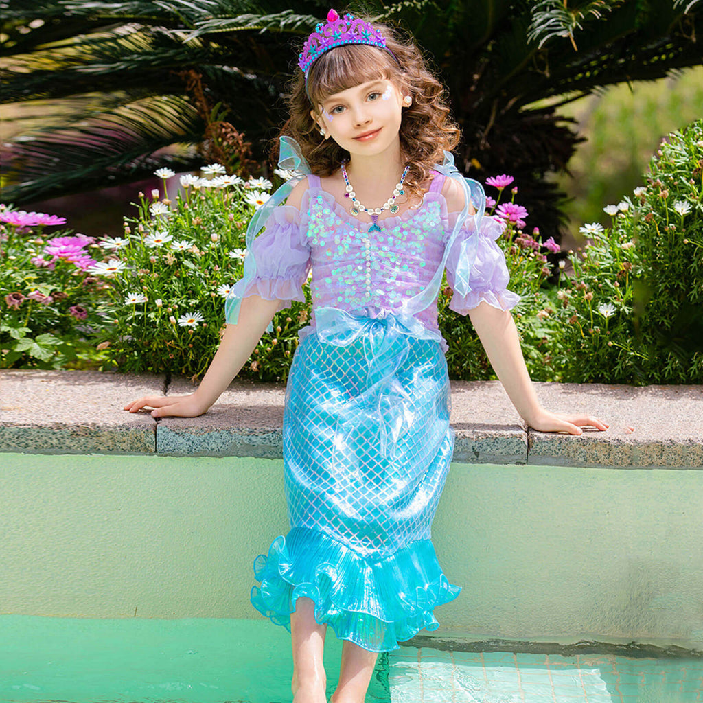 Girls Mermaid Dress Sequins Princess Ariel Dress Off-shoulder Top and Tail Skirt