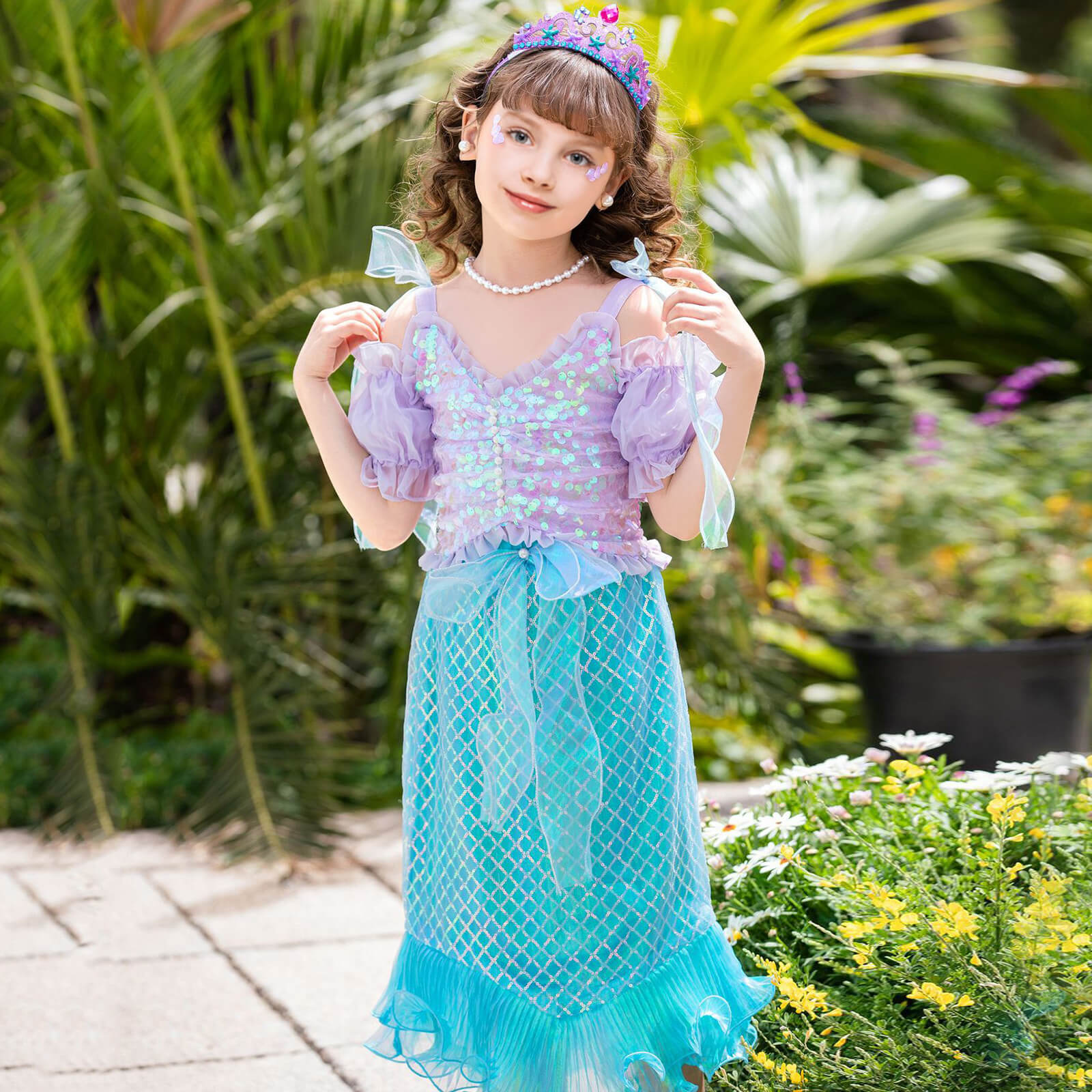 Girls Mermaid Dress Sequins Princess Ariel Dress Off-shoulder Top and Tail Skirt