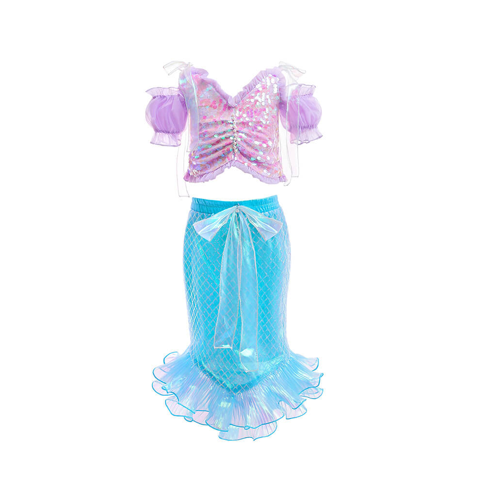 Girls Mermaid Dress Sequins Princess Ariel Dress Off-shoulder Top and Tail Skirt