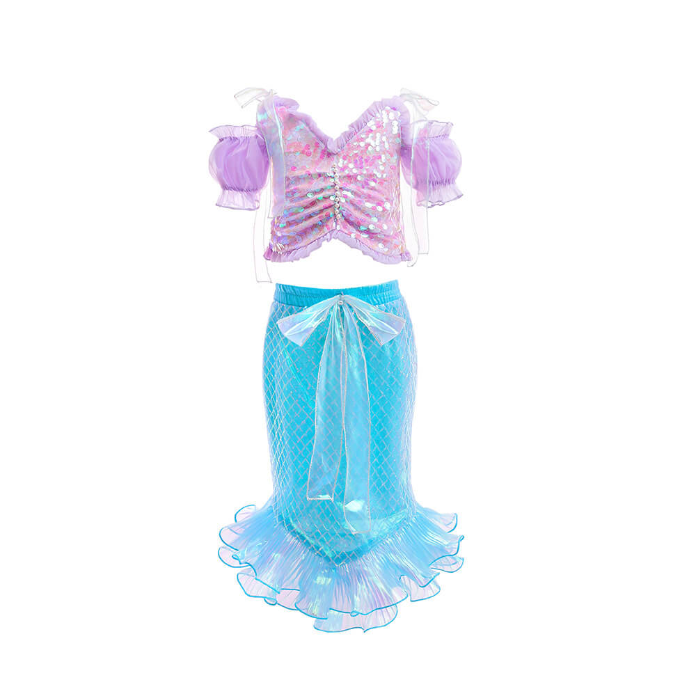 Girls Mermaid Dress Sequins Princess Ariel Dress Off-shoulder Top and Tail Skirt