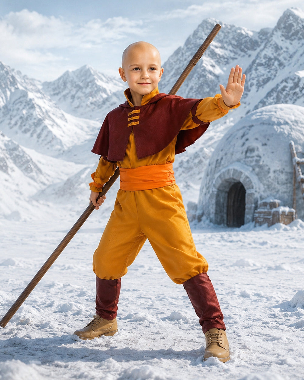 Airbender Master Costume Orange Outfit with Shoulder Mantle for Boys Mens Halloween Cosplay