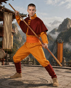 Airbender Master Costume Orange Outfit with Shoulder Mantle for Boys Mens Halloween Cosplay