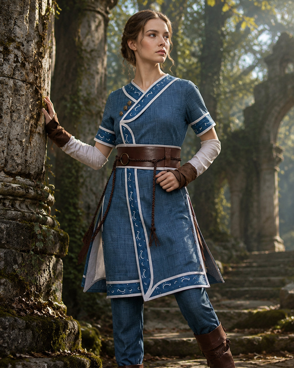 Kids Adults Katara Costume Blue Waterbender Master Robe Suit with Belt and Sleeves for Cosplay Party