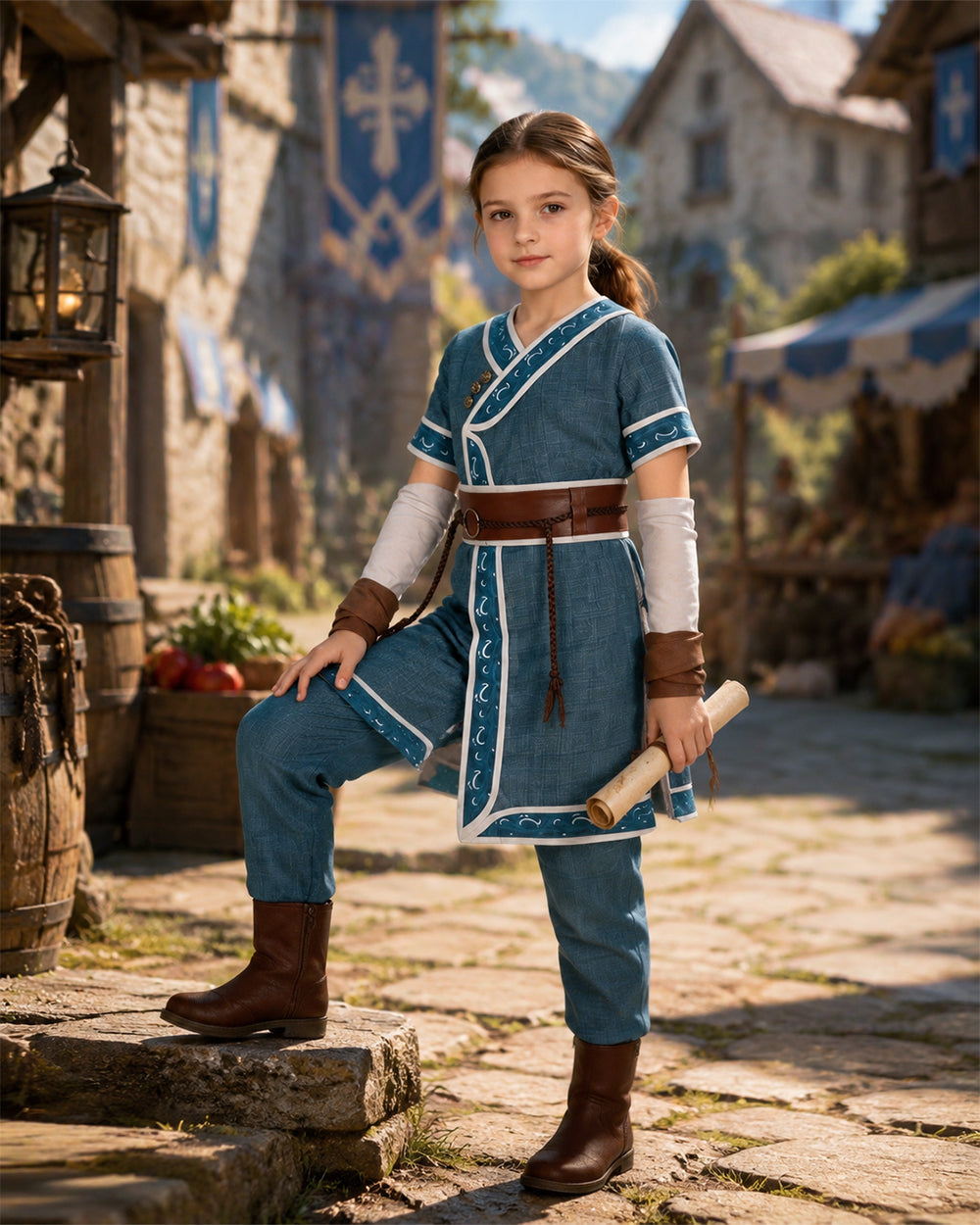 Kids Adults Katara Costume Blue Waterbender Master Robe Suit with Belt and Sleeves for Cosplay Party