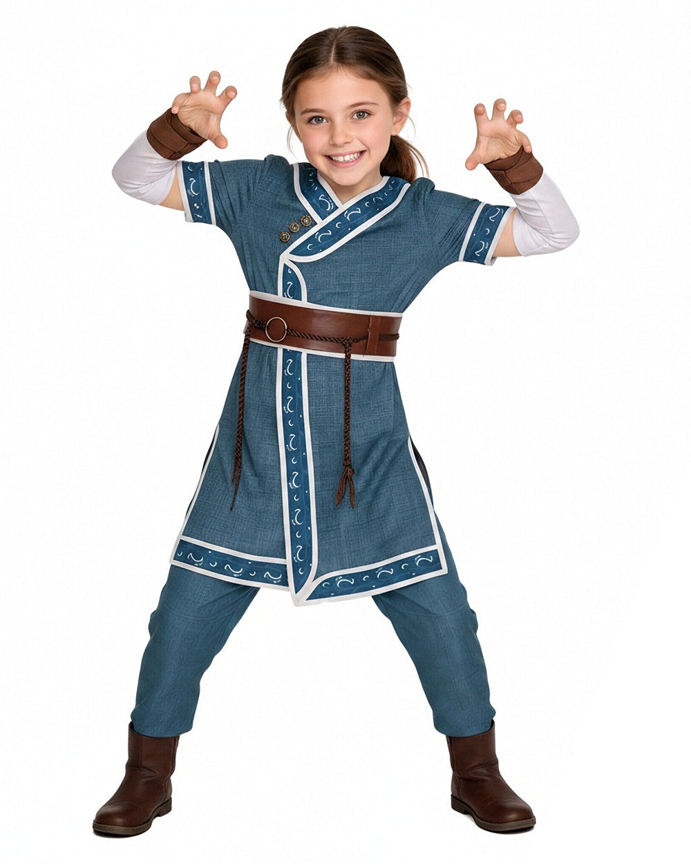Kids Adults Katara Costume Blue Waterbender Master Robe Suit with Belt and Sleeves for Cosplay Party