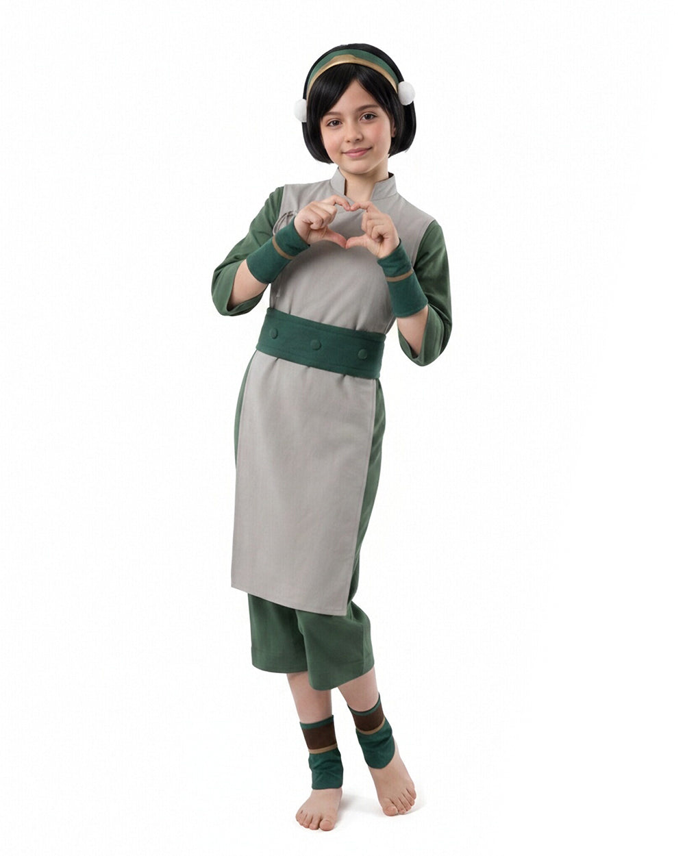 Toph Cosplay Costume Green Earthbending Suit with Hairband for Adults Kids Stage Performance