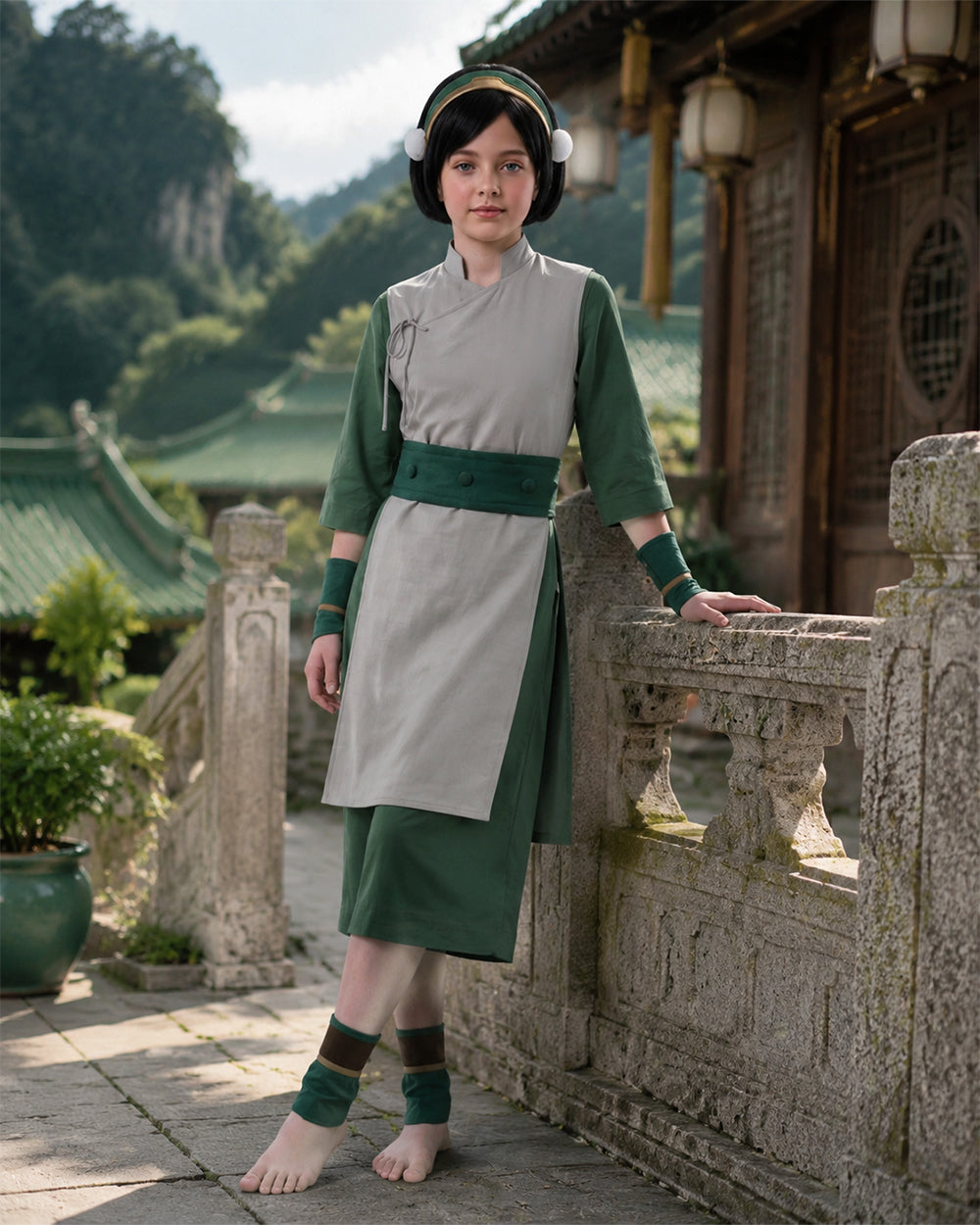 Toph Cosplay Costume Green Earthbending Suit with Hairband for Adults Kids Stage Performance
