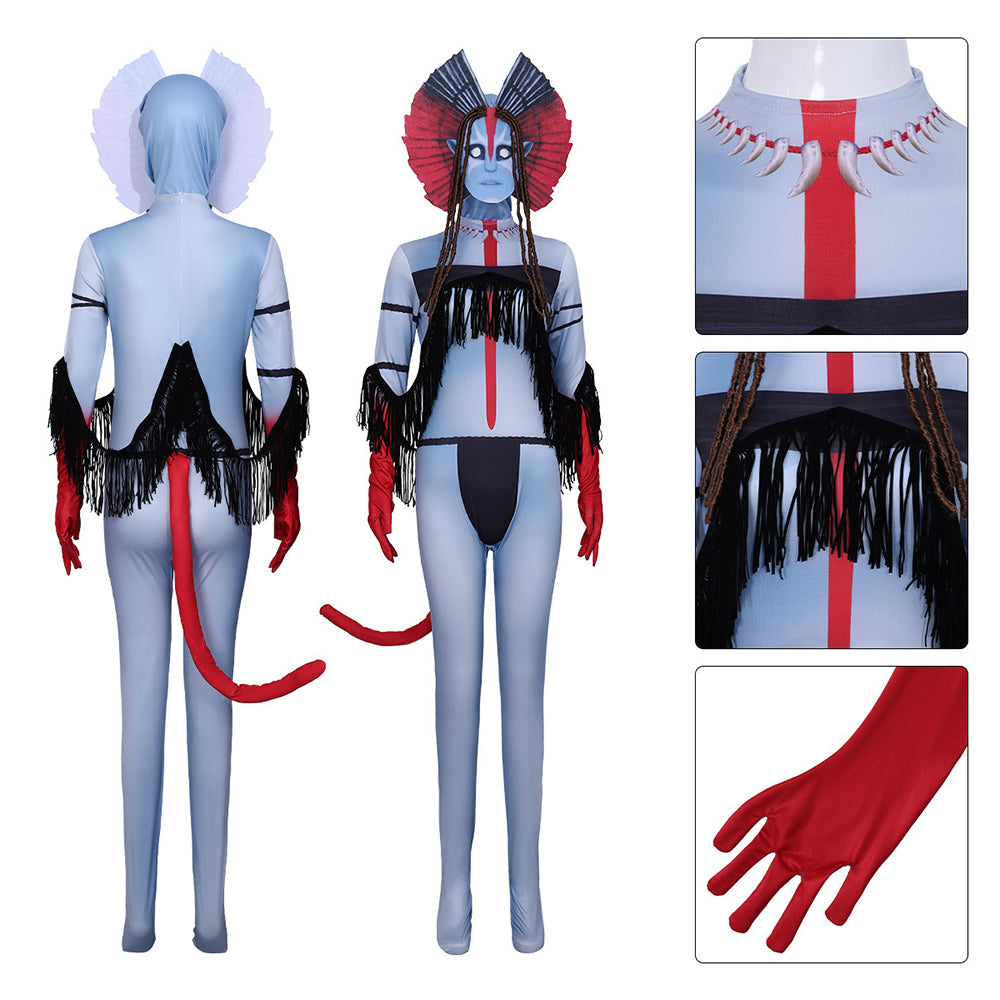 Varang Costume Ash Clan Leader Na'vi Long Tailed Jumpsuit with Headdress for Cosplay