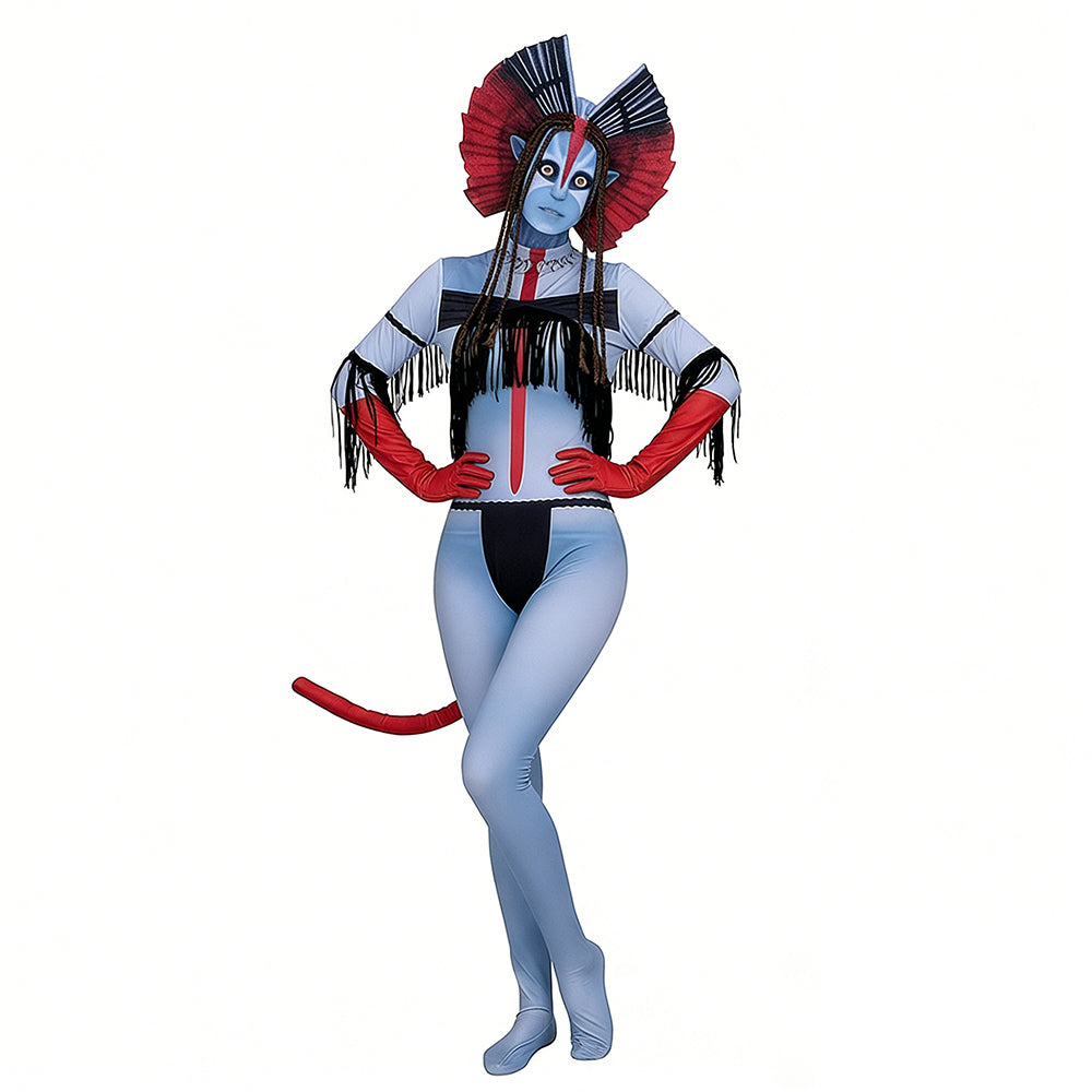 Varang Costume Ash Clan Leader Na'vi Long Tailed Jumpsuit with Headdress for Cosplay