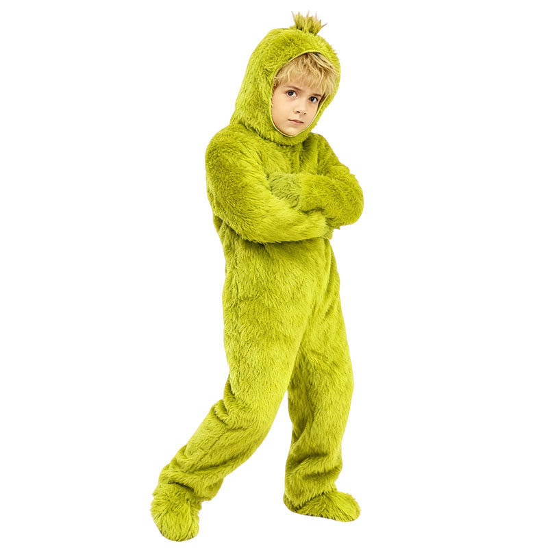 Green Monster Costume Christmas Furry Hooded Jumpsuit Gloves and Shoes Covers Suit for Kids Adults