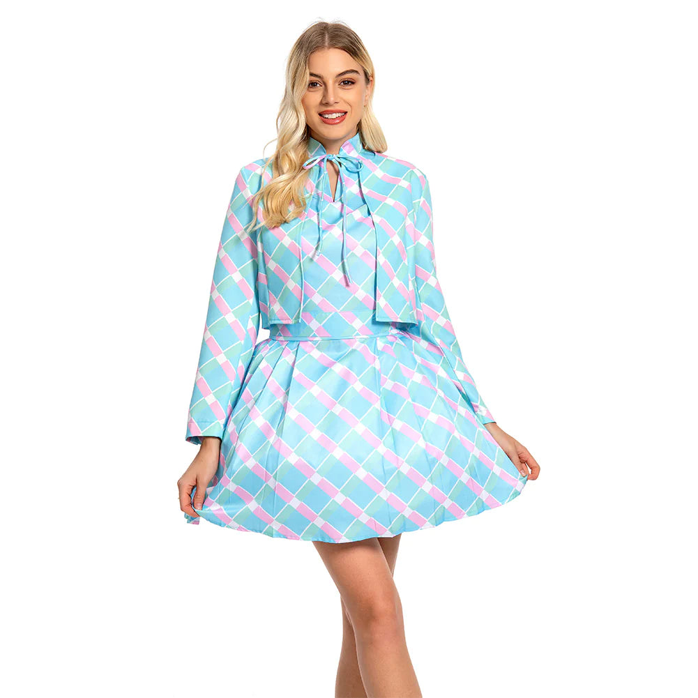 Movie Plaid Blue Dress Margot Robbie Cosplay Costume Party Vacation Halloween Costume