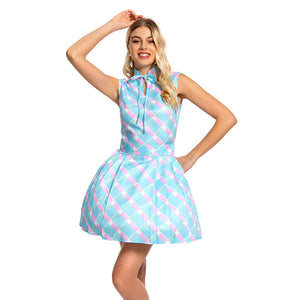 Movie Plaid Blue Dress Margot Robbie Cosplay Costume Party Vacation Halloween Costume