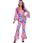 70s Hippie Costume Barbiecore Pink Clothes with Head Scarf Adult Top Shirt Disco Pants Full Set