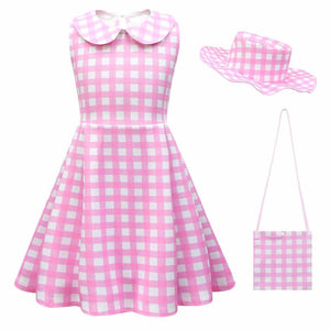 Kids Barbiecore Dress Pink Plaid Sleeveless Party Outfit with Accessories Girls Halloween Cosplay Costume