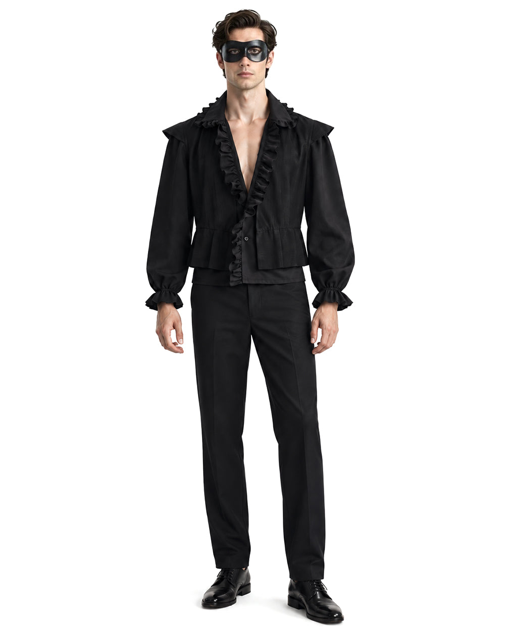 Mens Masquerade Costume S4 Vintage Black Ruffle Shirt Pants and Eye Mask 3pcs Set for Halloween Cosplay