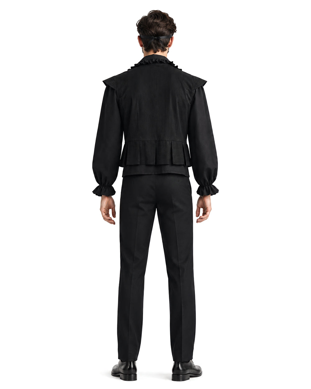 Mens Masquerade Costume S4 Vintage Black Ruffle Shirt Pants and Eye Mask 3pcs Set for Halloween Cosplay