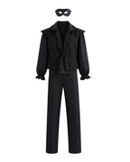 Mens Masquerade Costume S4 Vintage Black Ruffle Shirt Pants and Eye Mask 3pcs Set for Halloween Cosplay