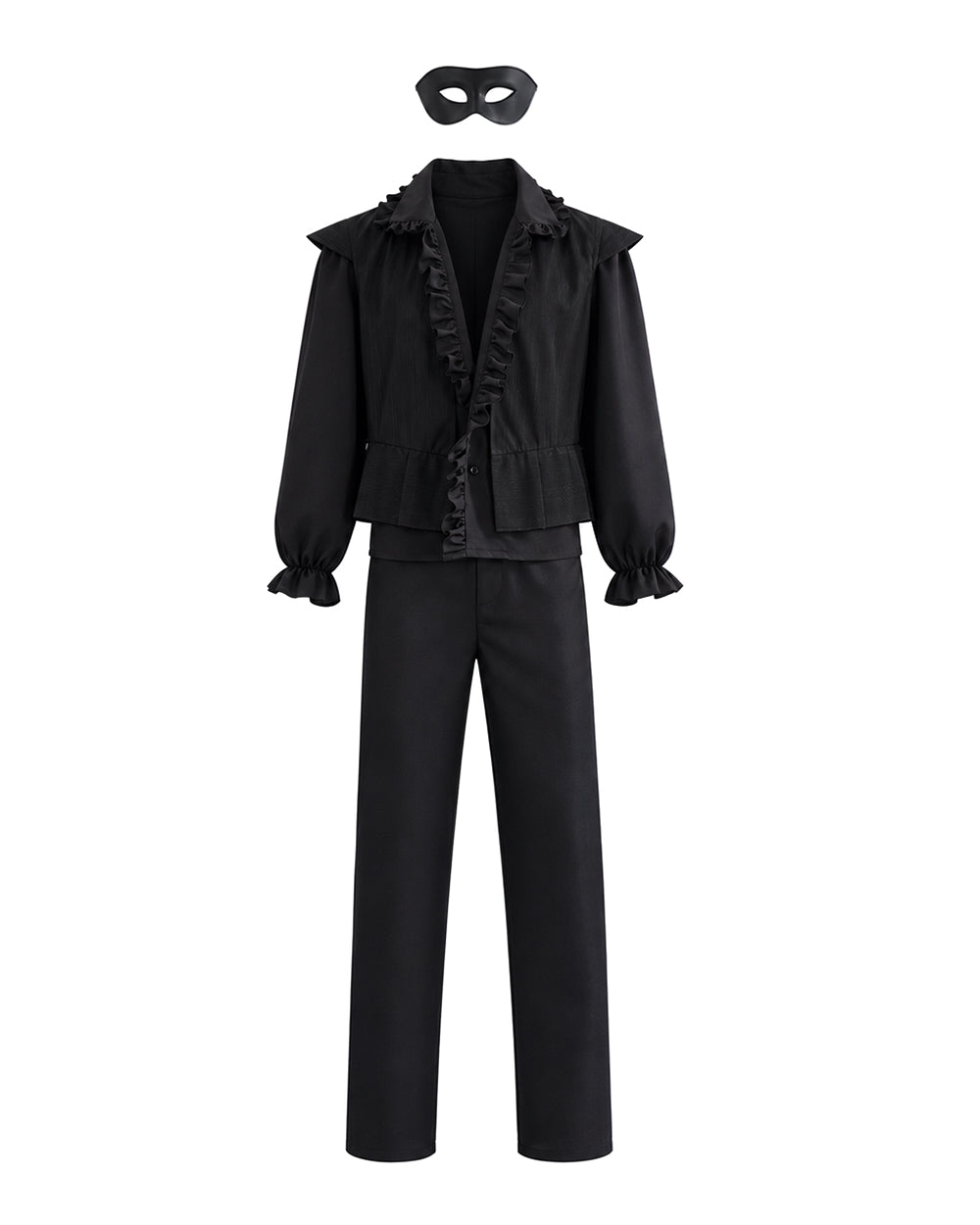 Mens Masquerade Costume S4 Vintage Black Ruffle Shirt Pants and Eye Mask 3pcs Set for Halloween Cosplay