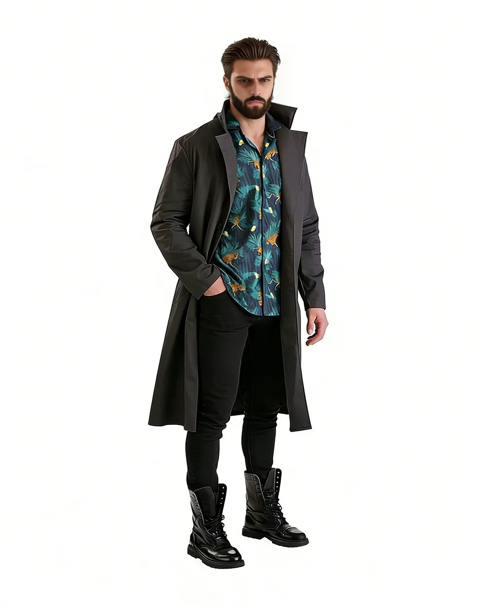 Boys Billy Costume Blue Shirt and Black Trench Coat for Cosplay Themed Events