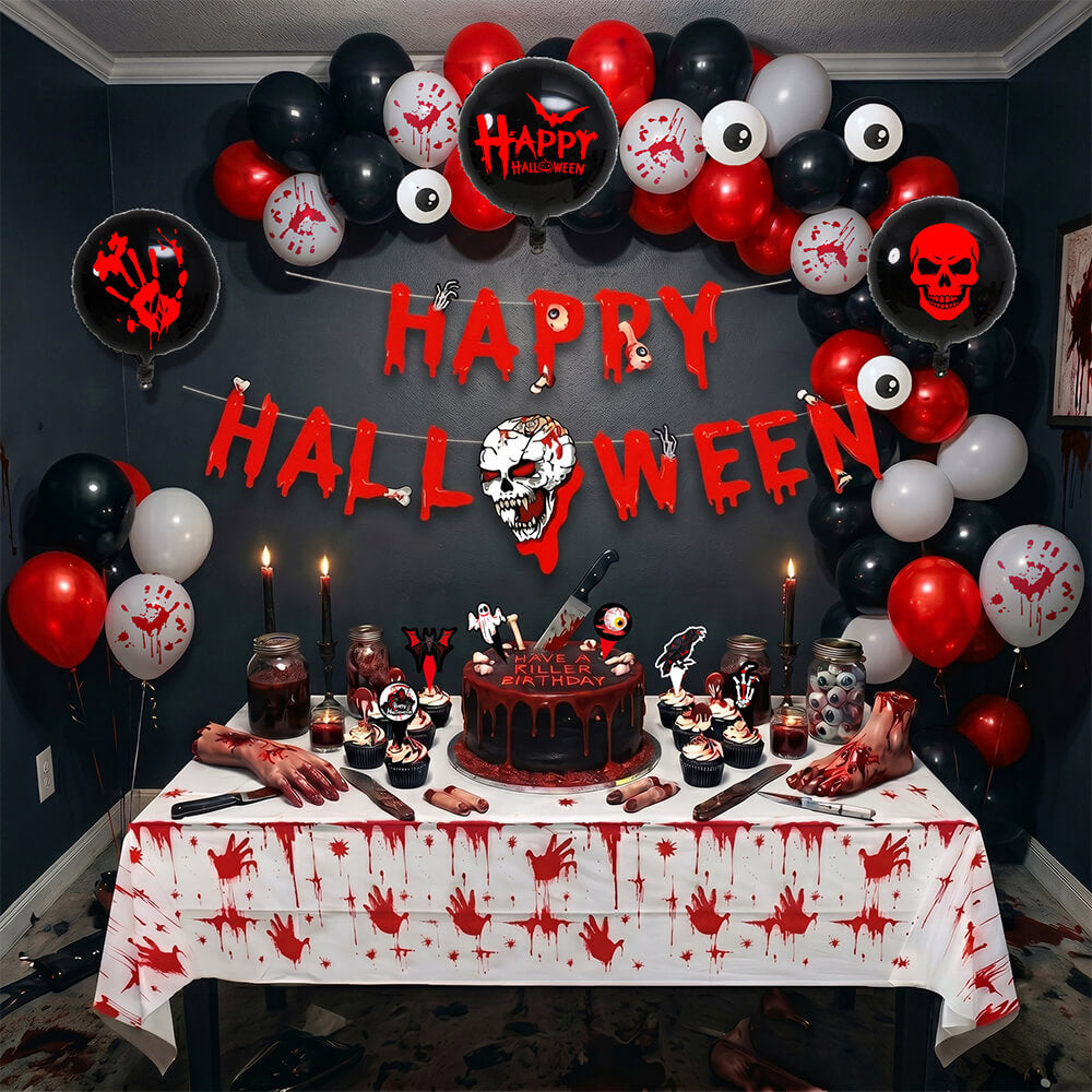 Bloody Horror Halloween Party Decor Kit Blood Handprint Backdrop and Eyeball Balloon for Halloween and Horror Parties