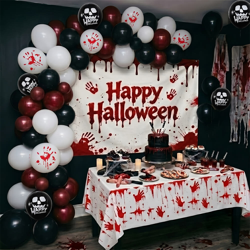 Bloody Horror Halloween Party Decor Kit Blood Handprint Backdrop and Eyeball Balloon for Halloween and Horror Parties