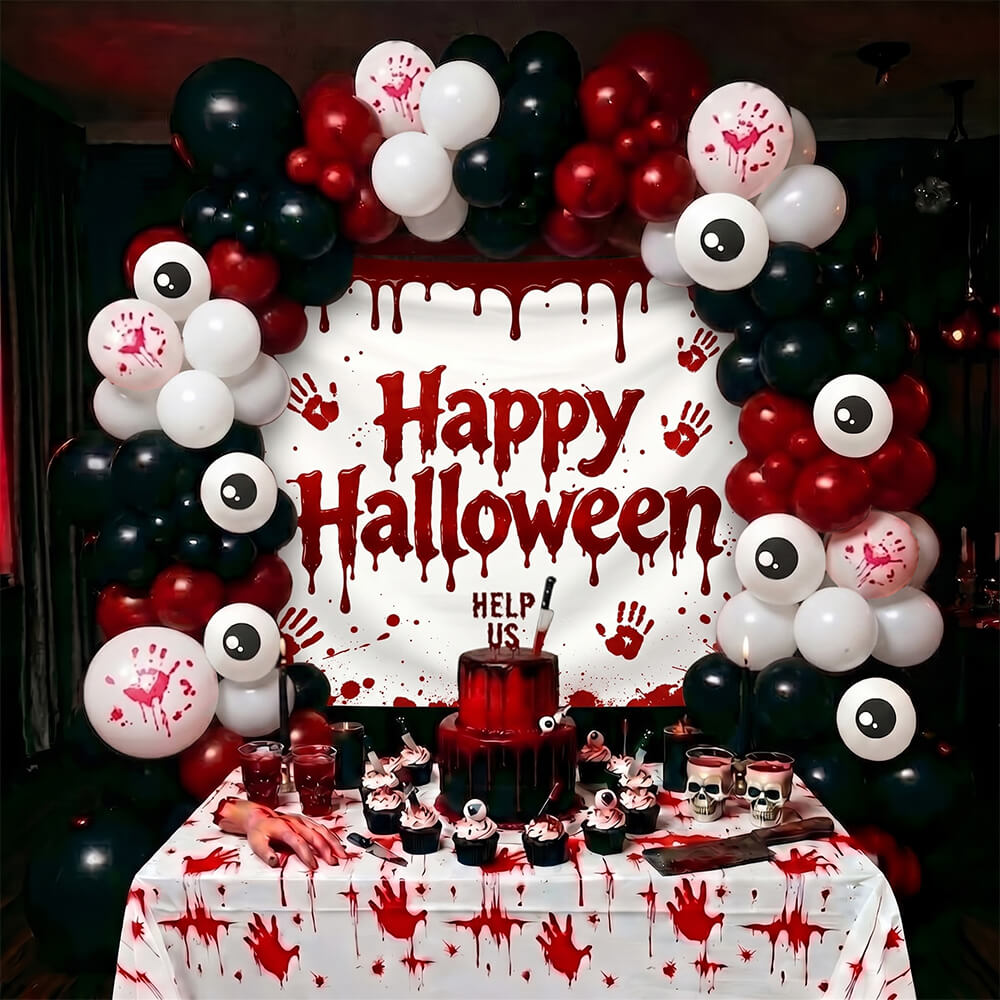 Bloody Horror Halloween Party Decor Kit Blood Handprint Backdrop and Eyeball Balloon for Halloween and Horror Parties