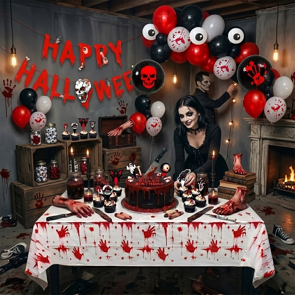 Bloody Horror Halloween Party Decor Kit Blood Handprint Backdrop and Eyeball Balloon for Halloween and Horror Parties