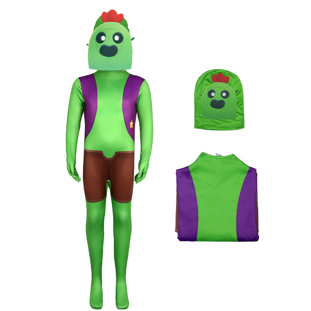 Kids Cactus Brawler Costume Green Jumpsuit and Helmet 2pcs Suit for Cosplay