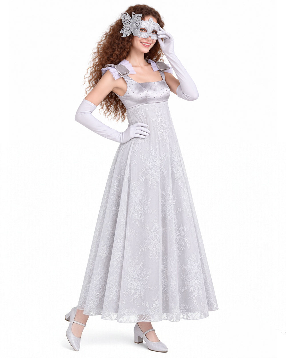 Adult Renaissance Cosplay Costume Silver Maxi Masquerade Dress with Butterfly Mask and Gloves 3pcs Suit for Halloween Carnival
