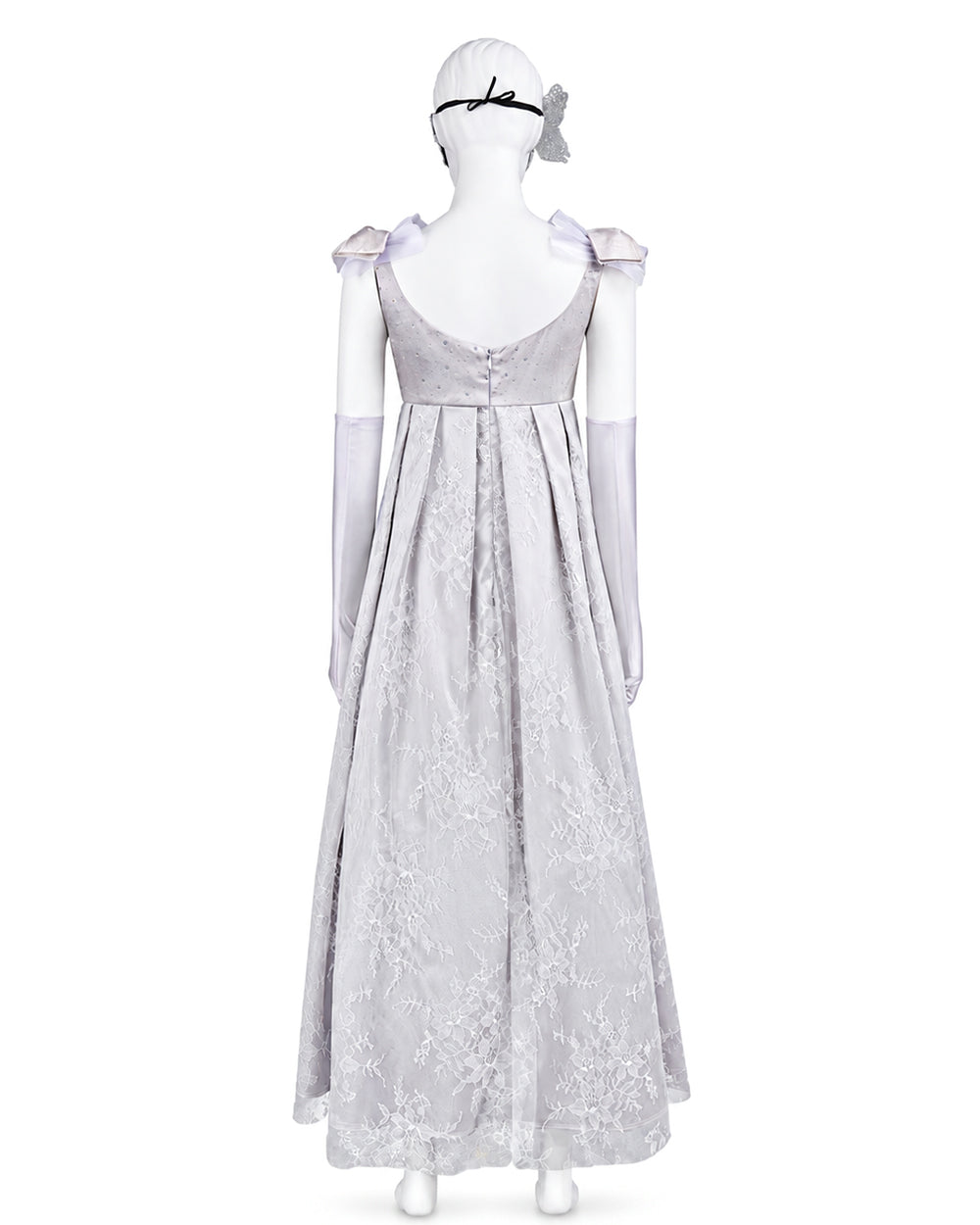 Adult Renaissance Cosplay Costume Silver Maxi Masquerade Dress with Butterfly Mask and Gloves 3pcs Suit for Halloween Carnival
