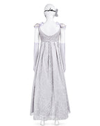 Adult Renaissance Cosplay Costume Silver Maxi Masquerade Dress with Butterfly Mask and Gloves 3pcs Suit for Halloween Carnival