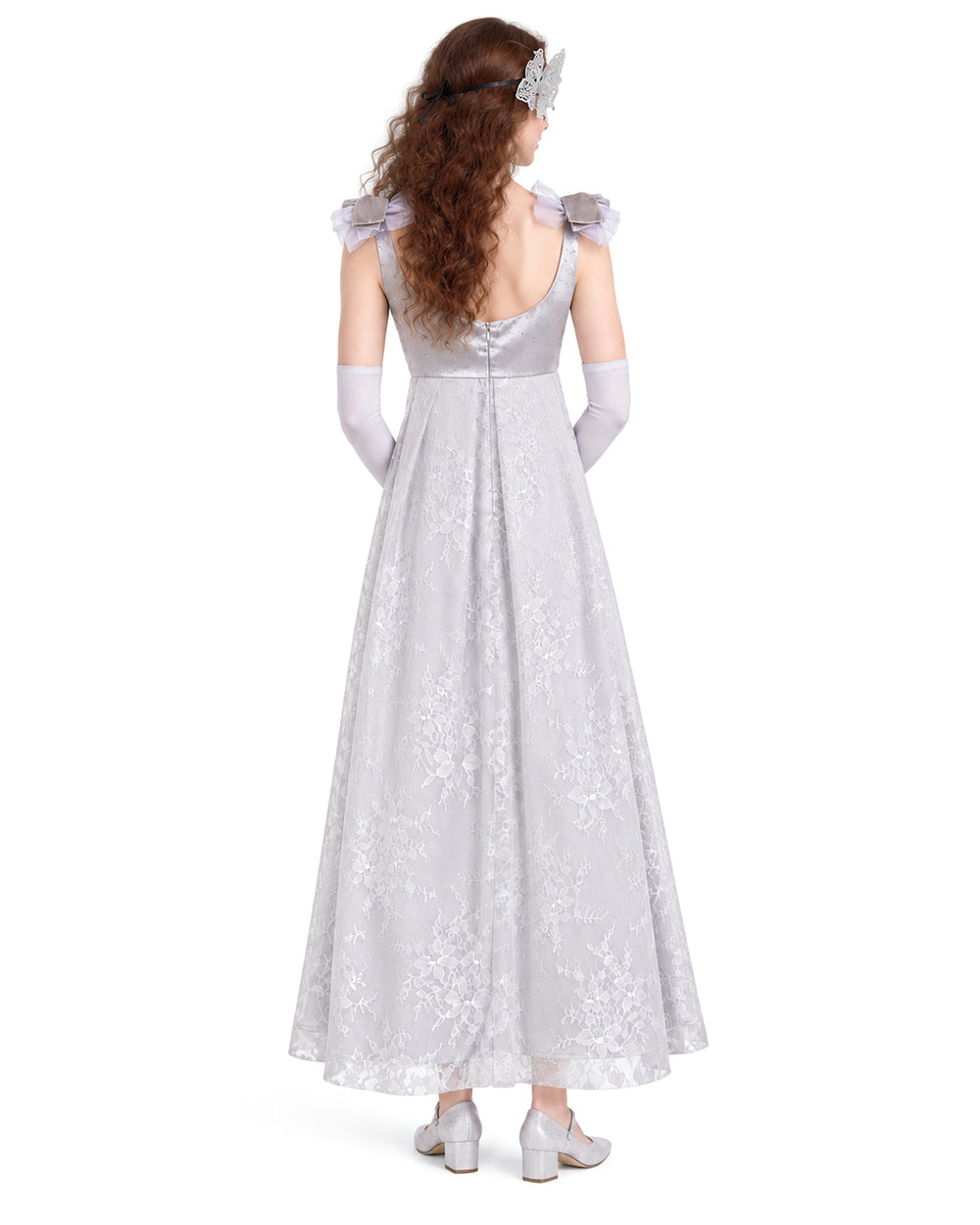 Adult Renaissance Cosplay Costume Silver Maxi Masquerade Dress with Butterfly Mask and Gloves 3pcs Suit for Halloween Carnival