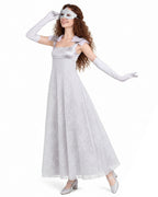 Adult Renaissance Cosplay Costume Silver Maxi Masquerade Dress with Butterfly Mask and Gloves 3pcs Suit for Halloween Carnival