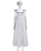 Adult Renaissance Cosplay Costume Silver Maxi Masquerade Dress with Butterfly Mask and Gloves 3pcs Suit for Halloween Carnival