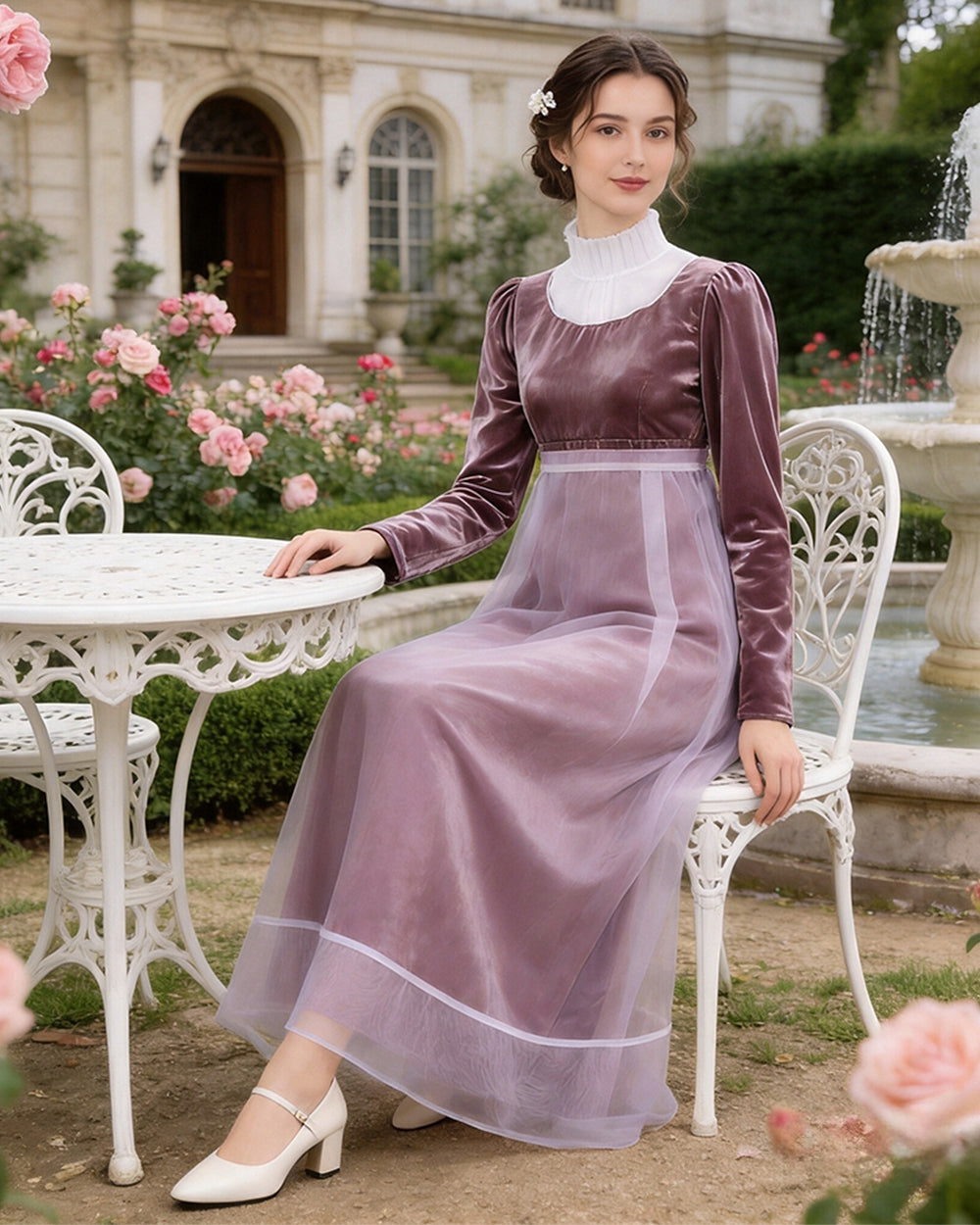 Women Maid Costume Victorian Long Sleeve Maxi Double Layer Gown for Themed Parties