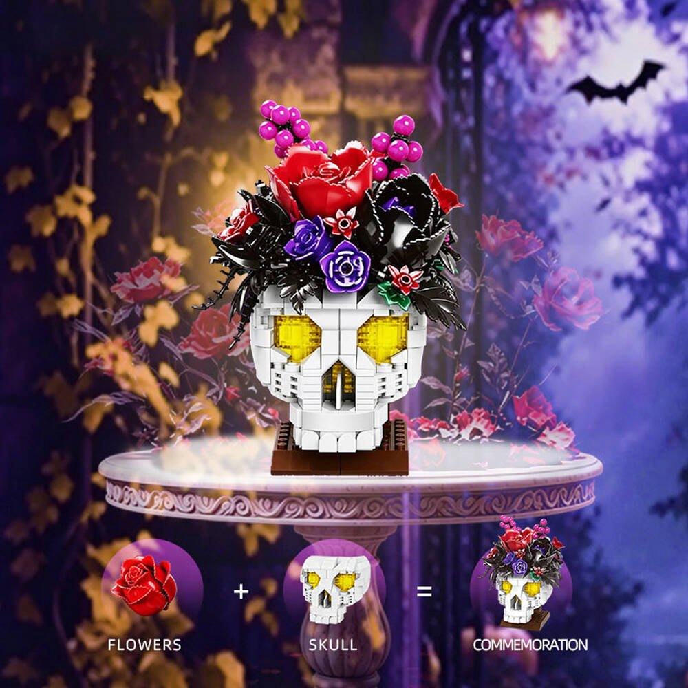 551pcs Building Blocks Skull Bouquet Set Creative DIY Assembly Toy Halloween Desktop Art Decor Spooky Holiday Gift