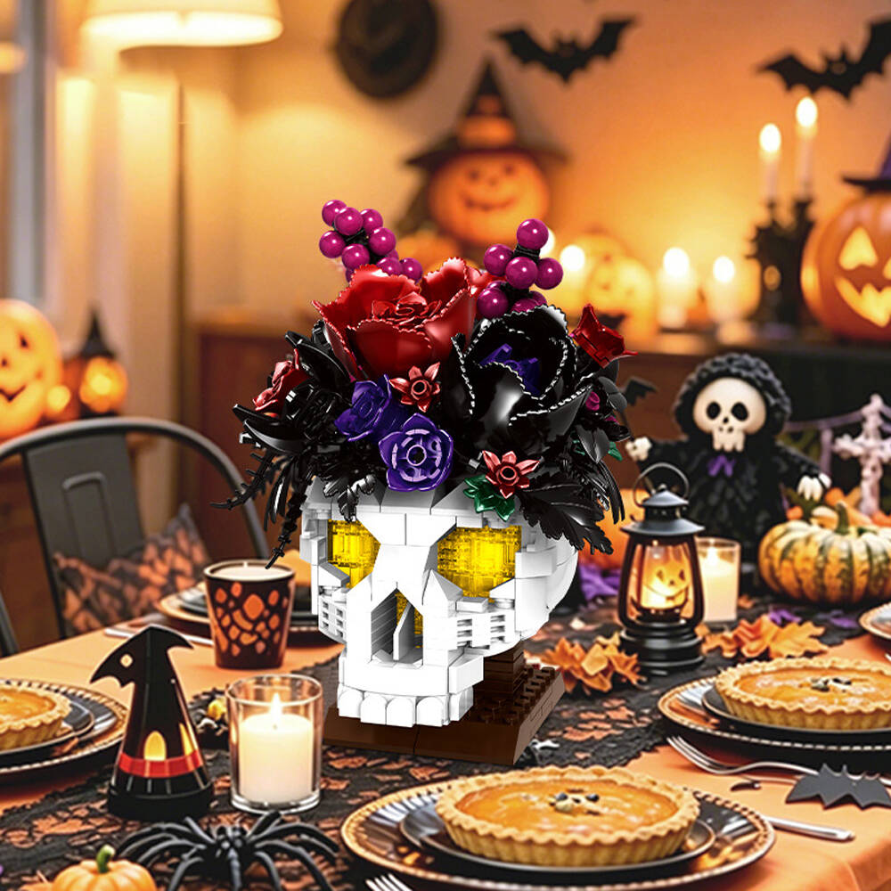 551pcs Building Blocks Skull Bouquet Set Creative DIY Assembly Toy Halloween Desktop Art Decor Spooky Holiday Gift