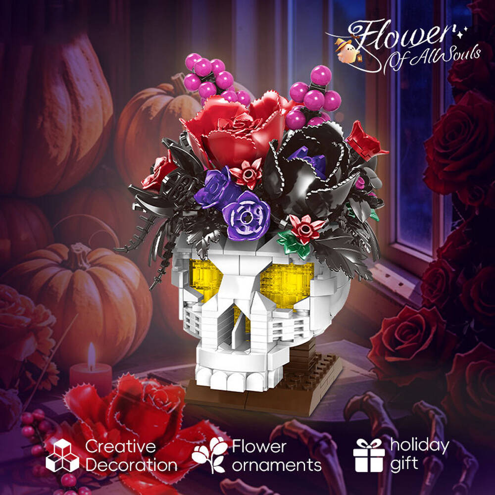 551pcs Building Blocks Skull Bouquet Set Creative DIY Assembly Toy Halloween Desktop Art Decor Spooky Holiday Gift