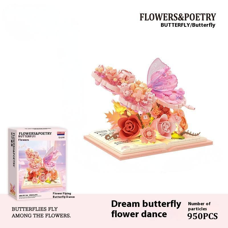 Butterfly Flower Building Blocks 3D Building Set Desktop Ornament with LED Lighting Holiday Gift